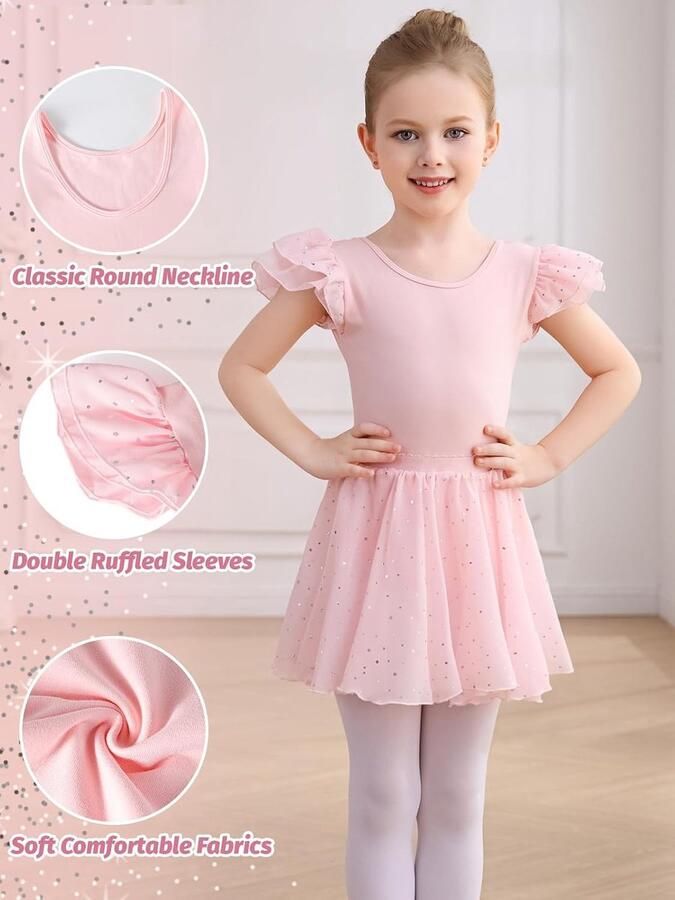 Schitterende Balletoutfits voor Meisjes Dans Bodysuit met Rimpel Mouwen en Verwijderbare Rok voor Peuters