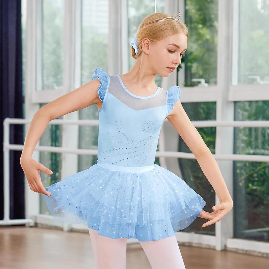 Balletoutfit voor Meisjes met Rimpel Mouwen en Rok Shiny Ballet Jurk voor Dans van