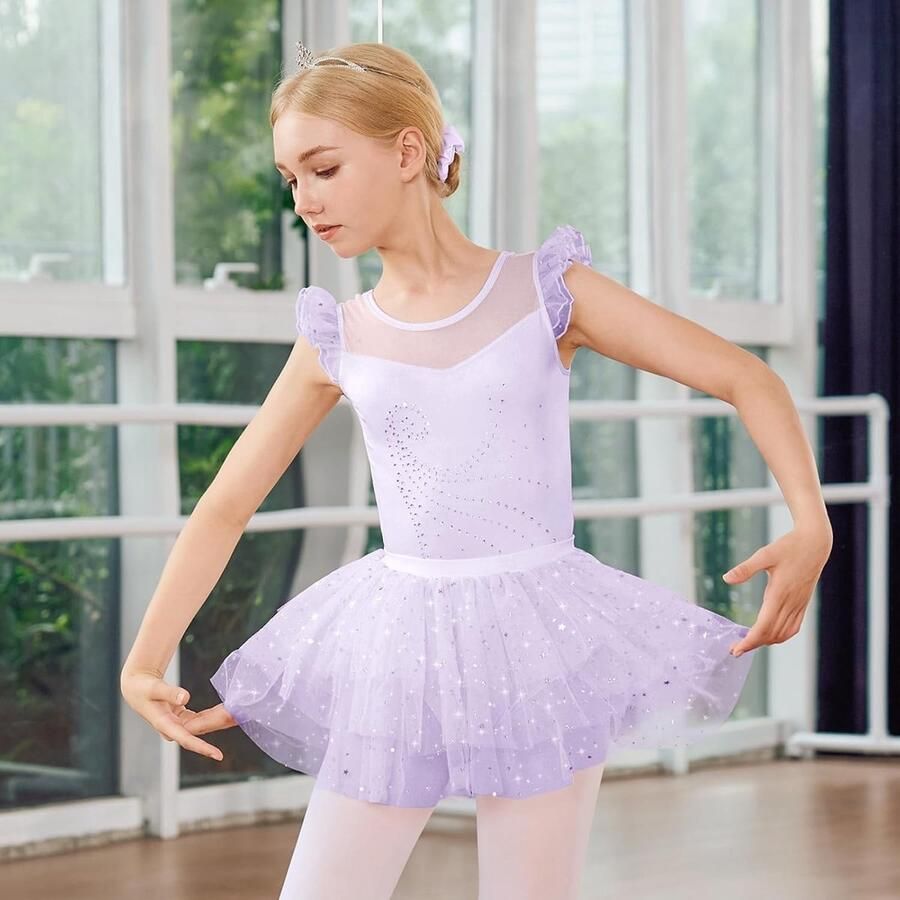 Balletoutfit voor Meisjes met Rimpel Mouwen en Rok Shiny Danskostuum voor Kinderen van