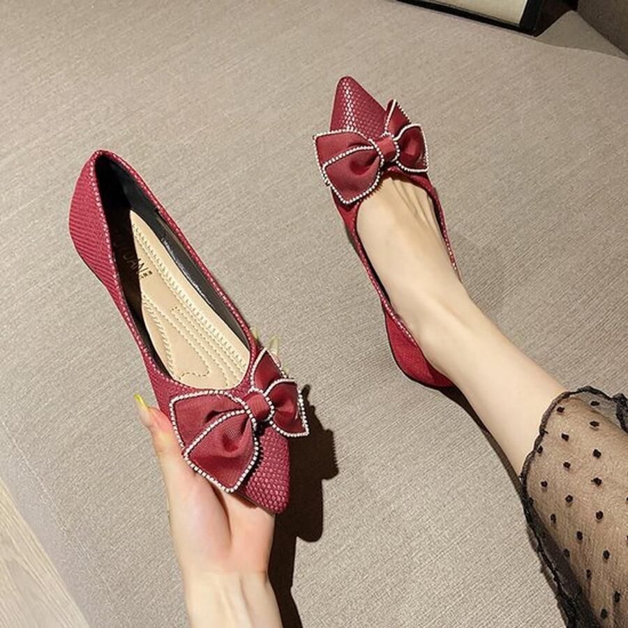 Balletschoenen Dames Platte Slip-on Elegante Ballerina's Zachte Hak Rubberen Zool Strikdecoratie Balletpumps