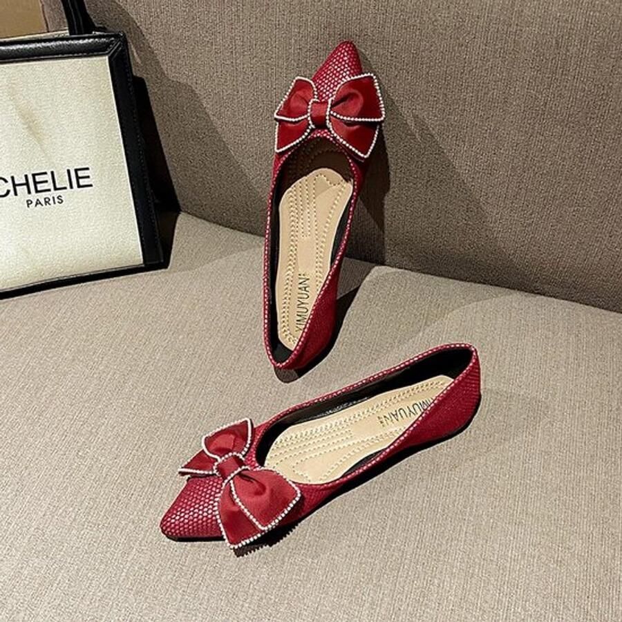 Balletschoenen Dames Platte Slip-on Elegante Ballerina's Zachte Hak Rubberen Zool Strikdecoratie Balletpumps