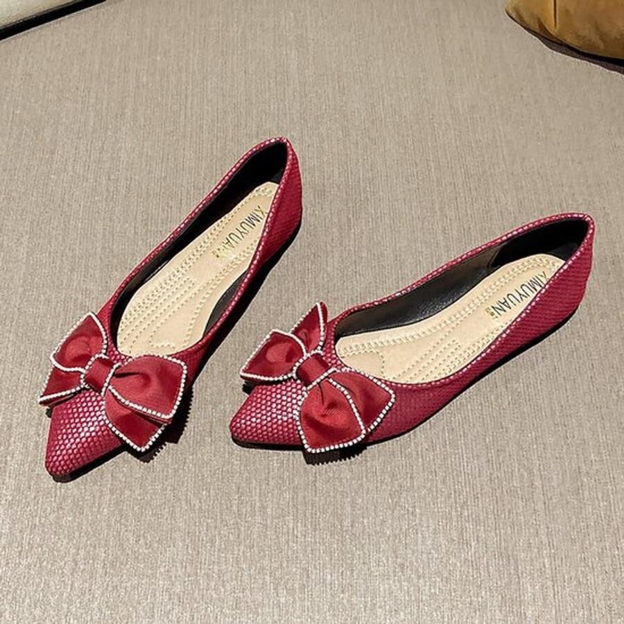 Balletschoenen Dames Platte Slip-on Elegante Ballerina's Zachte Hak Rubberen Zool Strikdecoratie Balletpumps