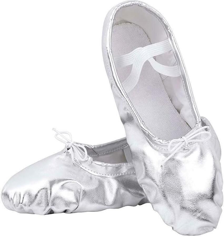 Balletschoenen Splitzool PU Leer & Ademende Voering Voor Peuters Meisjes & Vrouwen Gemakkelijk Aan Te Trekken Zilver