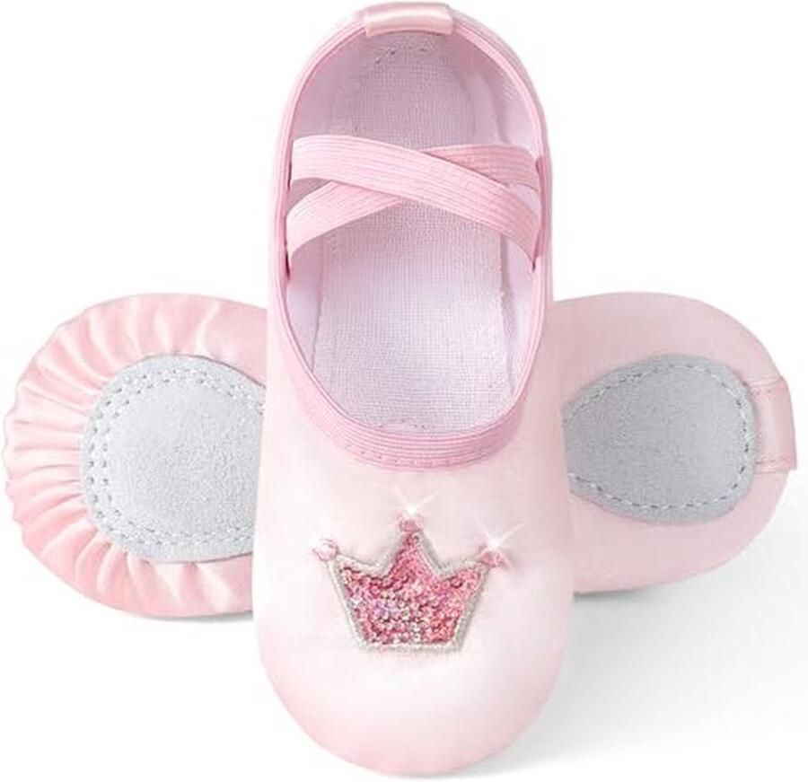 Balletschoenen voor meisjes met glanzende kroon en gedeelde zool Satijnen dansschoenen voor kinderen