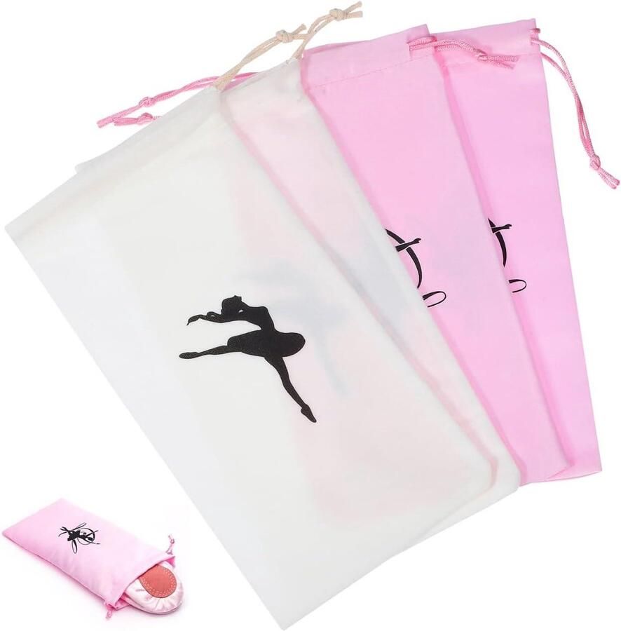 Opbergtassen voor balletbenodigdheden en dansschoenen Set van 4 Voor dames en meisjes Trekkoord Ideaal voor tieners Tasje met kant 26.50x13.50x