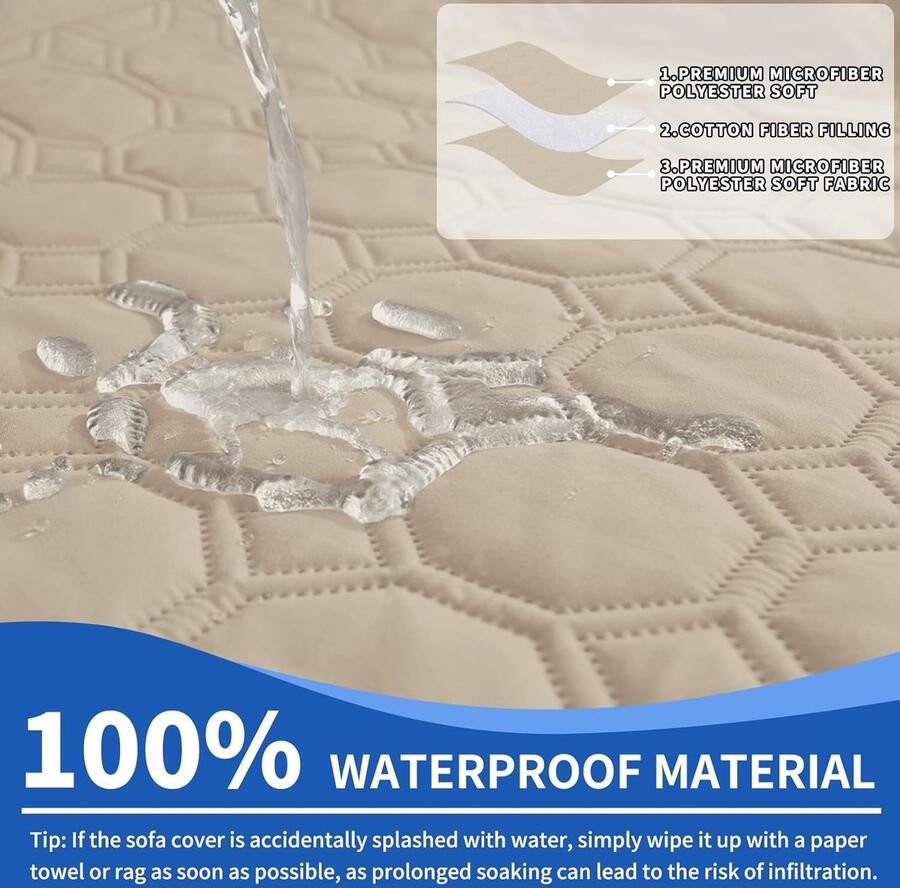 Bankhoes 1 Zit Met Armleuning 100% Waterdicht Bankhoezen Universele Sofahoes Met Zijzakken Krasbestendig Meubelhoes Anti-Slip Geschikt Voor Kinderen Huisdieren Beige