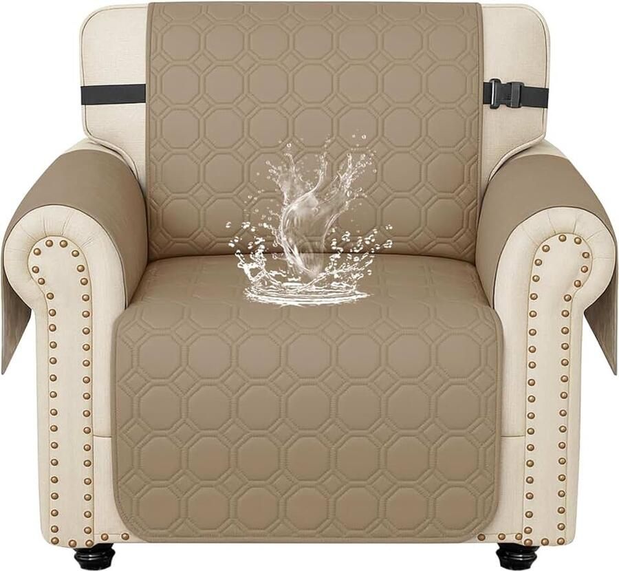 Bankhoes 1 Zit Met Armleuning 100% Waterdicht Bankhoezen Universele Sofahoes Met Zijzakken Krasbestendig Meubelhoes Anti-Slip Geschikt Voor Kinderen Huisdieren Khaki