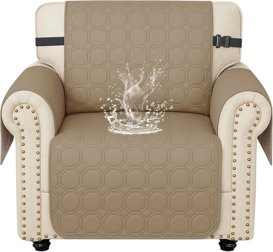 Bankhoes 1 Zit Met Armleuning 100% Waterdicht Bankhoezen Universele Sofahoes Met Zijzakken Krasbestendig Meubelhoes Anti-Slip Geschikt Voor Kinderen Huisdieren Khaki