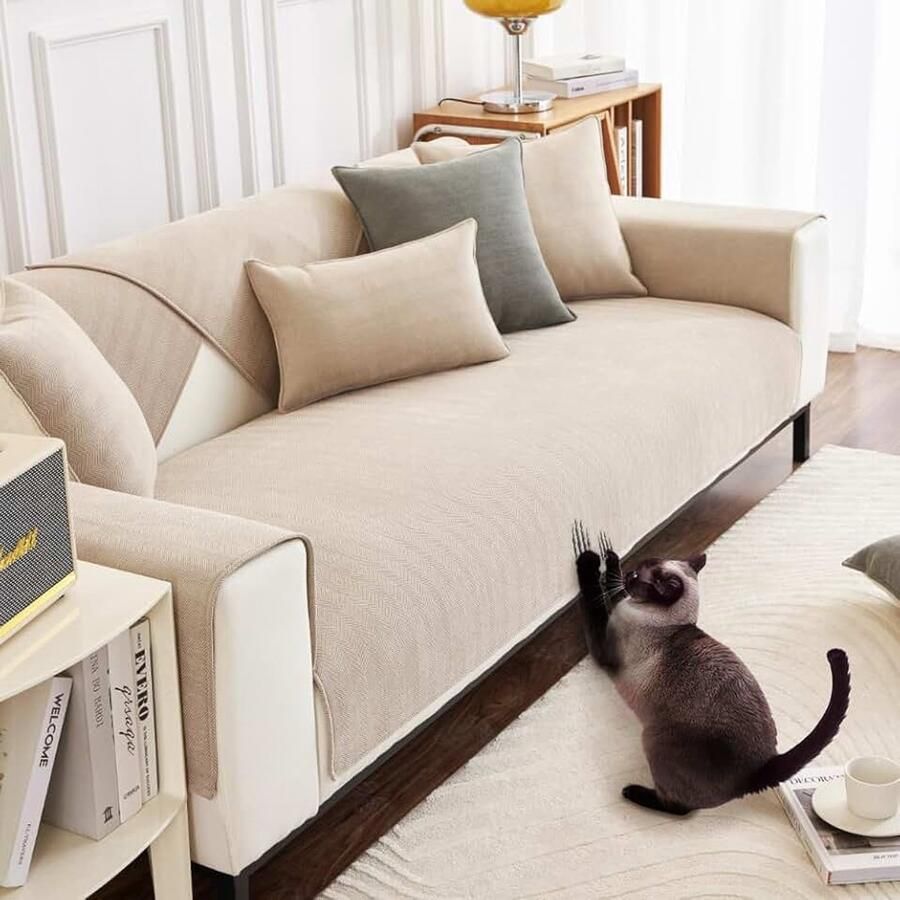 Bankhoes 1 2 3 4-zits chenille bankovertrek L-vormige bankovertrek kattenbankbescherming kre en krasbestendig wasbaar antislip voor U-vormige sectionele bank (wit 70 x
