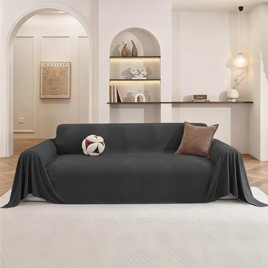 Bankhoes 3-Zits 200x Moderne Eenvoudige Anti-Slip Bankovertrek Universele Vier Seizoenen Sofa Cover Multifunctionele Deken Decoratieve Plaids Meubelbeschermer Donkergrijs