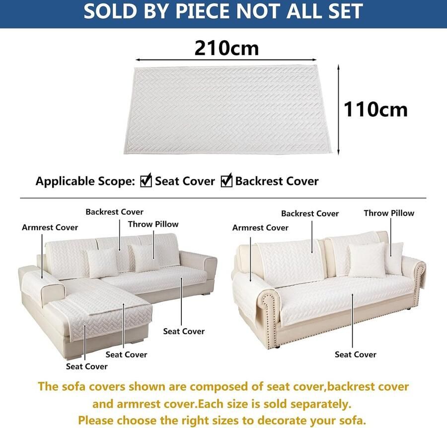 Bankhoes 3-zits anti-slip bankovertrek voor L-vorm chaise longue hoekbank 2-zits hoezen woonkamer stoel honden huisdieren wit 110 x (slechts 1 stuk) - Foto 2