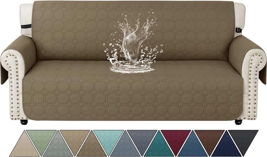 Bankhoes 3 Zits Met Armleuning 100% Waterdicht Bankhoezen Universele Sofahoes Met Zijzakken Krasbestendig Meubelhoes Anti-Slip Geschikt Voor Kinderen Huisdieren Lichte koffie