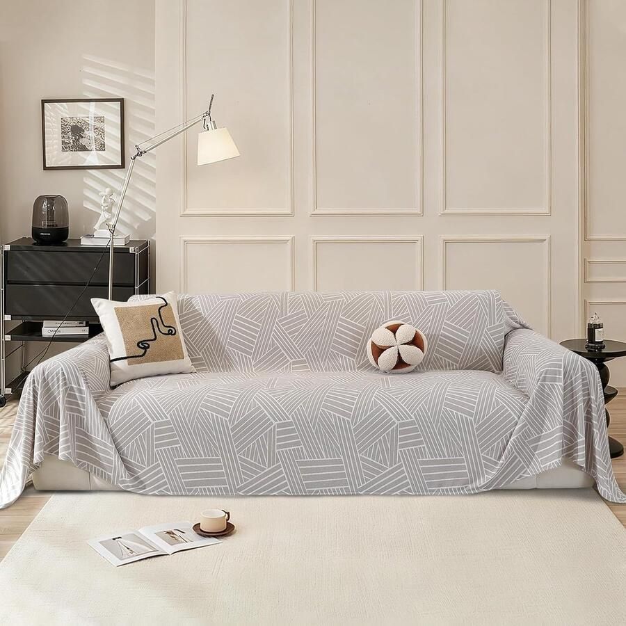 Bankhoes 3-Zits 200x Moderne Eenvoudige Anti-Slip Bankovertrek Universele Vier Seizoenen Sofa Cover Multifunctionele Deken Decoratieve Plaids Meubelbeschermer Lichtgrijs