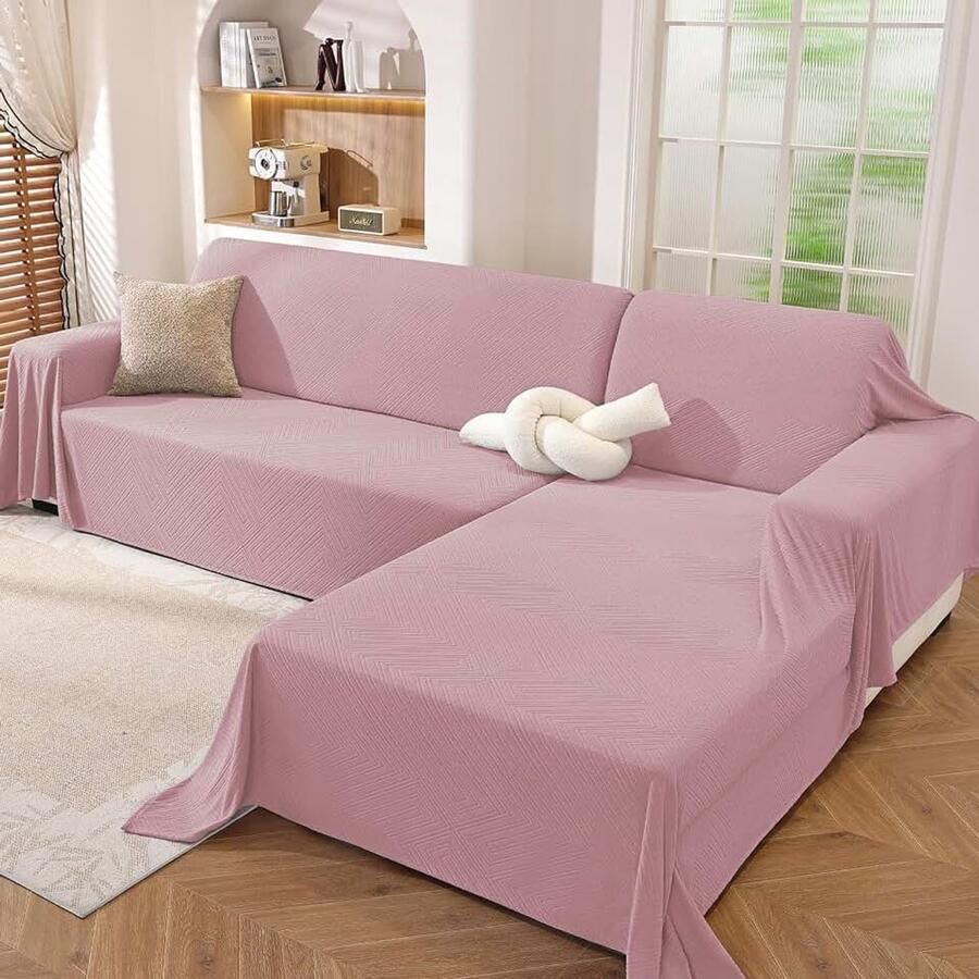 Bankhoes Hoekbank 2 Delen Moderne Bankovertrek Sectional Anti-Slip Peninsula Sofa Cover L Shape Universele Meubelbeschermer Multifunctionele Bankdeken Roze (200x300+200x