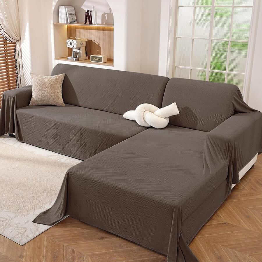 Bankhoes Hoekbank 2 Delen Moderne Bankovertrek Sectional Anti-Slip Peninsula Sofa Cover L Shape Universele Meubelbeschermer Multifunctionele Bankdeken Koffiebruin (200x300+200x