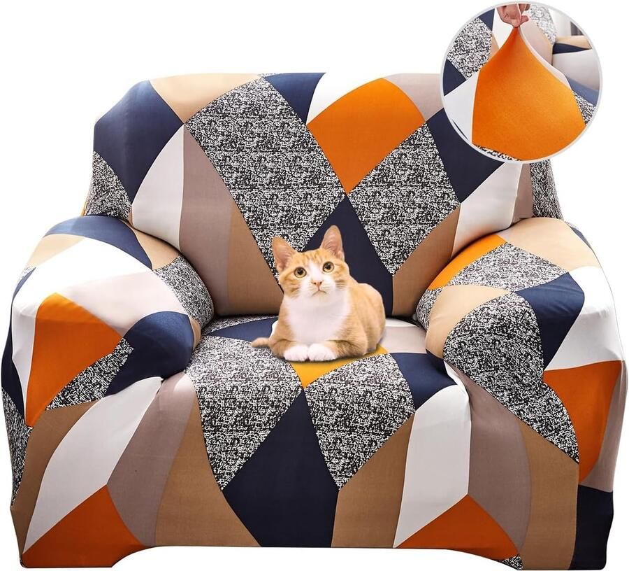 Bankhoes voor 1-zits elastisch patroon antislip vuilafstotend superzachte stof universeel (oranje geometrie 1-zits)