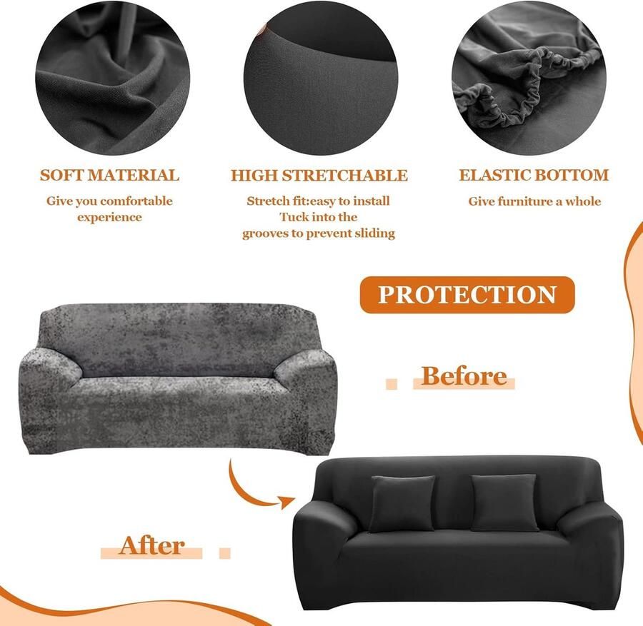 Bankhoes voor 3-zits elastisch met armleuningen effen bankovertrek patroon wasbaar spandex universele bankhoes antislip bankovertrek (3-zits zwart)
