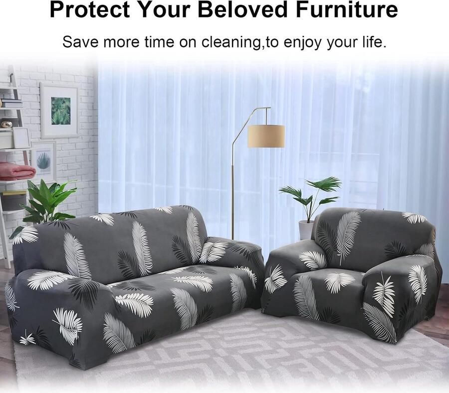 Bankhoezen 3-zits stretch bankhoezen universele bankhoes voor bank 1-delig wasbaar antislip patroon spandex polyester loveseat sofahoes beschermer voor huisdieren grijze veren