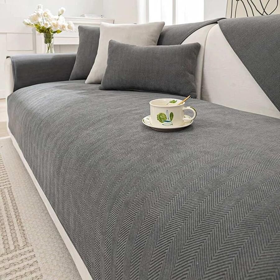 Bankovertrek Bankhoes Sofadekbed Zitkussenbekleding 1-4 Zits L-vorm Bankbeschermer Nieuwe Universele Antislip Bankovertrek Donkergrijs Effen Flanel 90x Antislip Bank