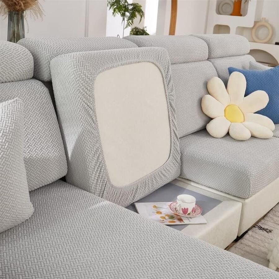 Bankovertrek soft stretch bankhoes kussenhoes stoelhoes L-vorm slipcover (lichtgrijs geweven)
