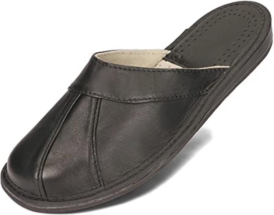 BeComfy Leather Men's Slippers Black Genuine Leather Soft Leather 40-46