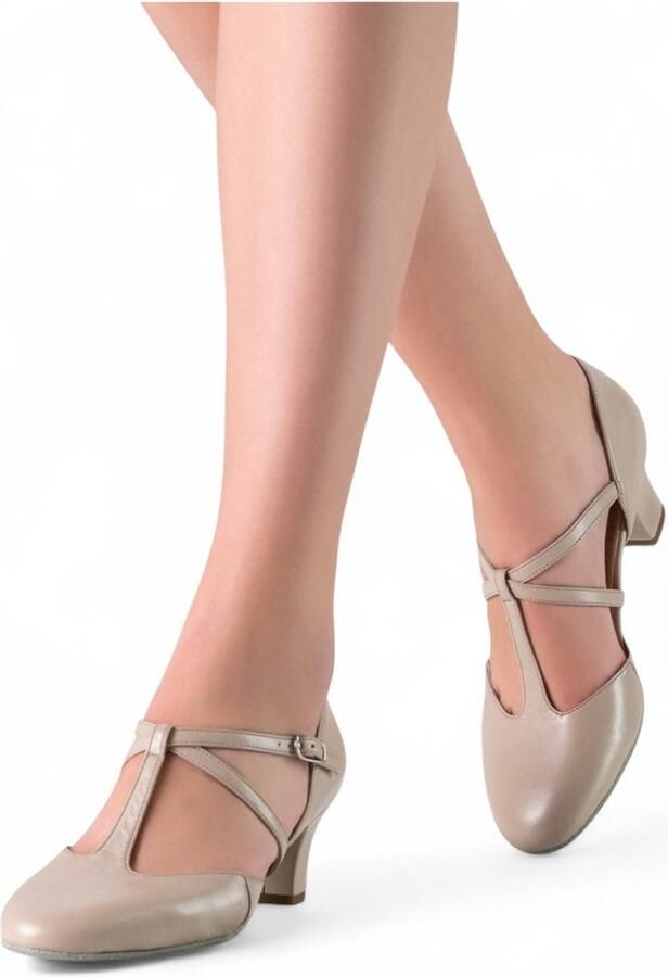 Beige Latin dames dansschoenen Werner Kern Naia Stabiele hak van Voetbed met ondersteuning en comfort Klassiek T bandje Elastische zijbandje Latin Salsa Bachata Stijldansen Tango Werner Kern Beige
