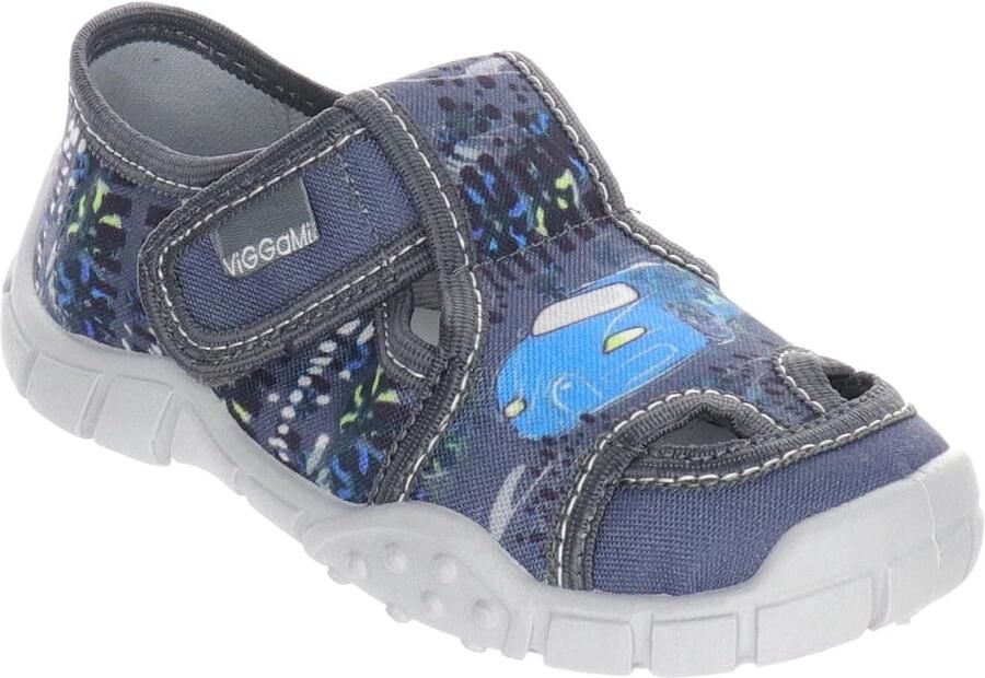 Blauwe jongens pantoffels met klittenband en auto print
