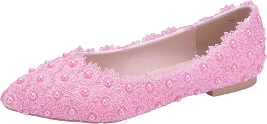 Bloemen Kant Parels Bruidsschoenen Pumps Roze