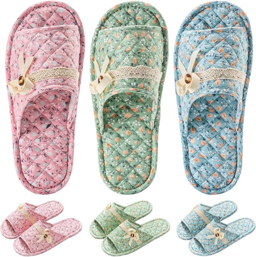 Bloemen katoenen huispantoffels voor vrouwen 3 paar comfortabele open teen slippers voor binnen