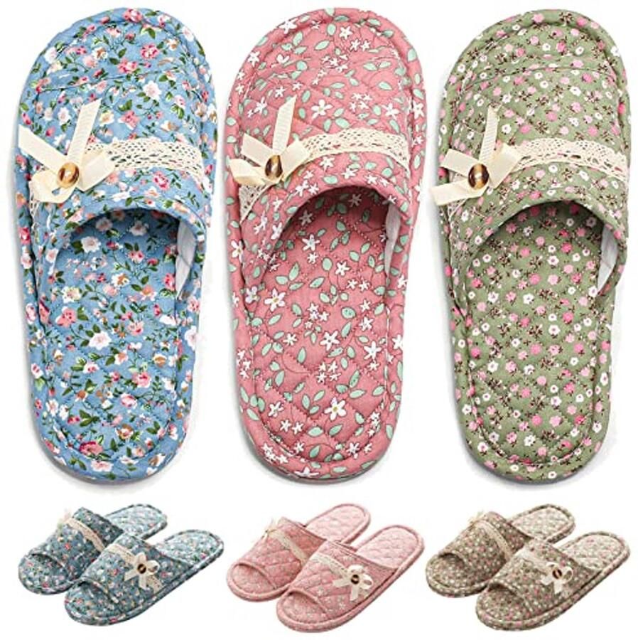 Bloemen katoenen huispantoffels voor vrouwen comfortabele open teen slippers voor binnen