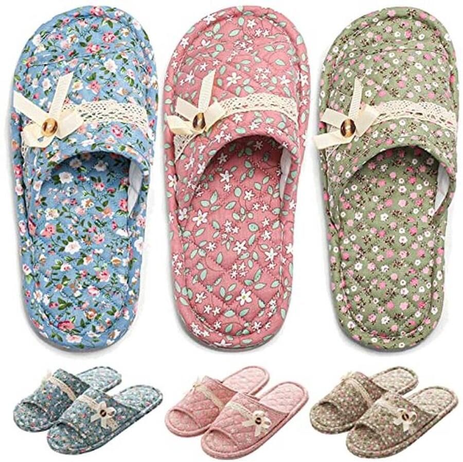 Bloemen katoenen huispantoffels voor vrouwen comfortabele open teen slippers voor binnen