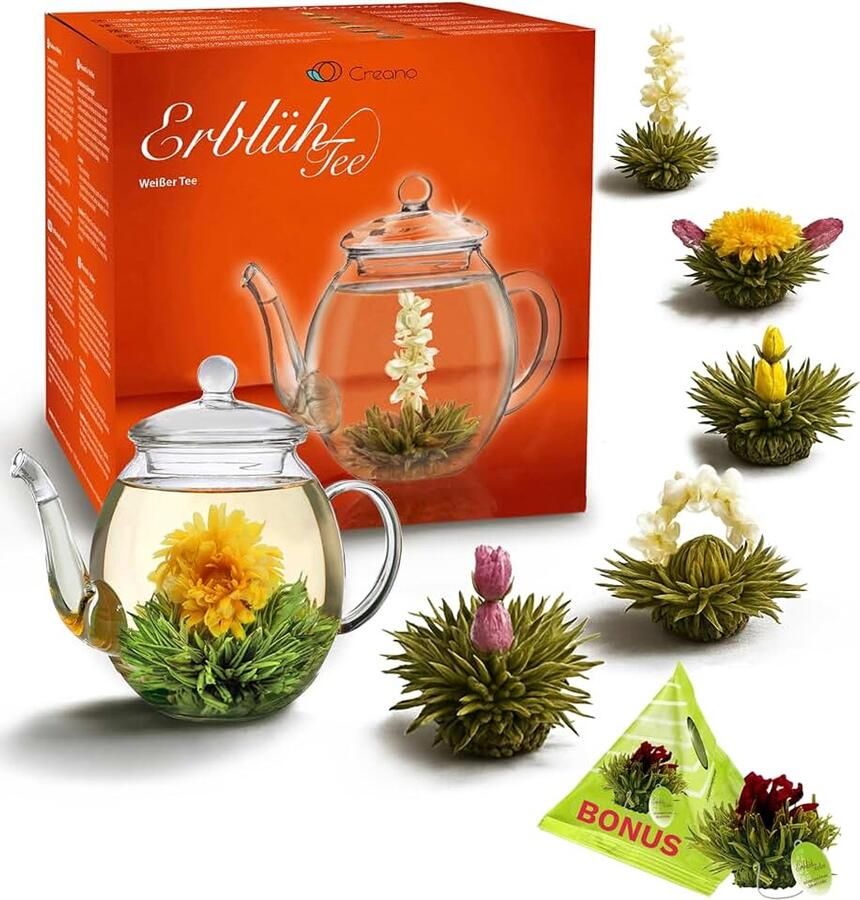 Bloementhee Witte Thee Cadeauset 6 Theebloemen voor Teepot met 1 Bonus Teelini & Glazen Teepot 500ml Luxe Geschenkset
