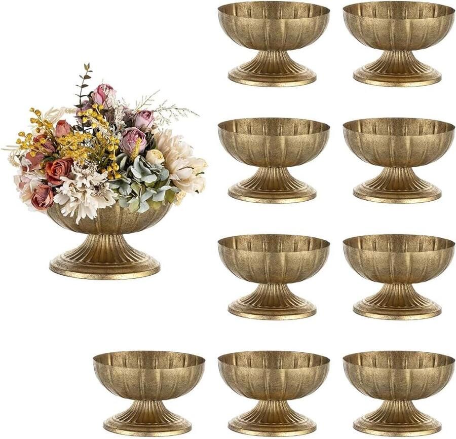 Bloemenvaas Goud Distressed Bruiloft: Metalen Vazen voor Verjaardag Tafelstuk Kunstmatige Plantenbakken voor Binnen Decoratie Buiten Set van 10 Verontruste messing urn korte schaal op voetstuk voor bloemen bruiloft tafel