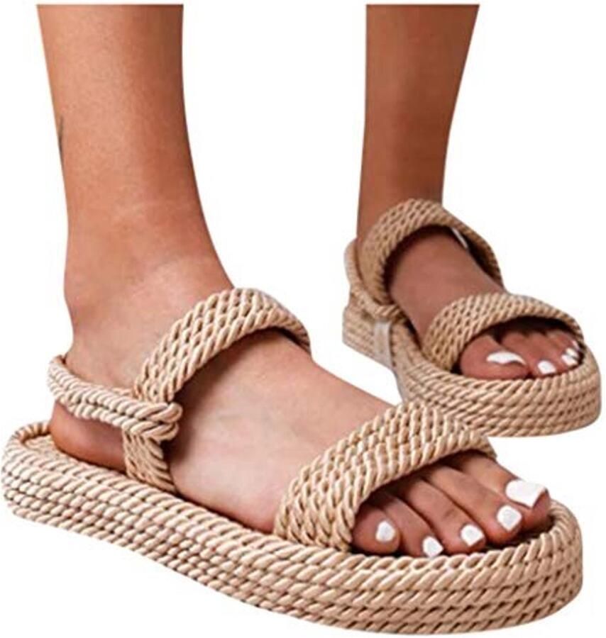 Bohemian Sandalen Dames Platte Platform Open Teen Beige