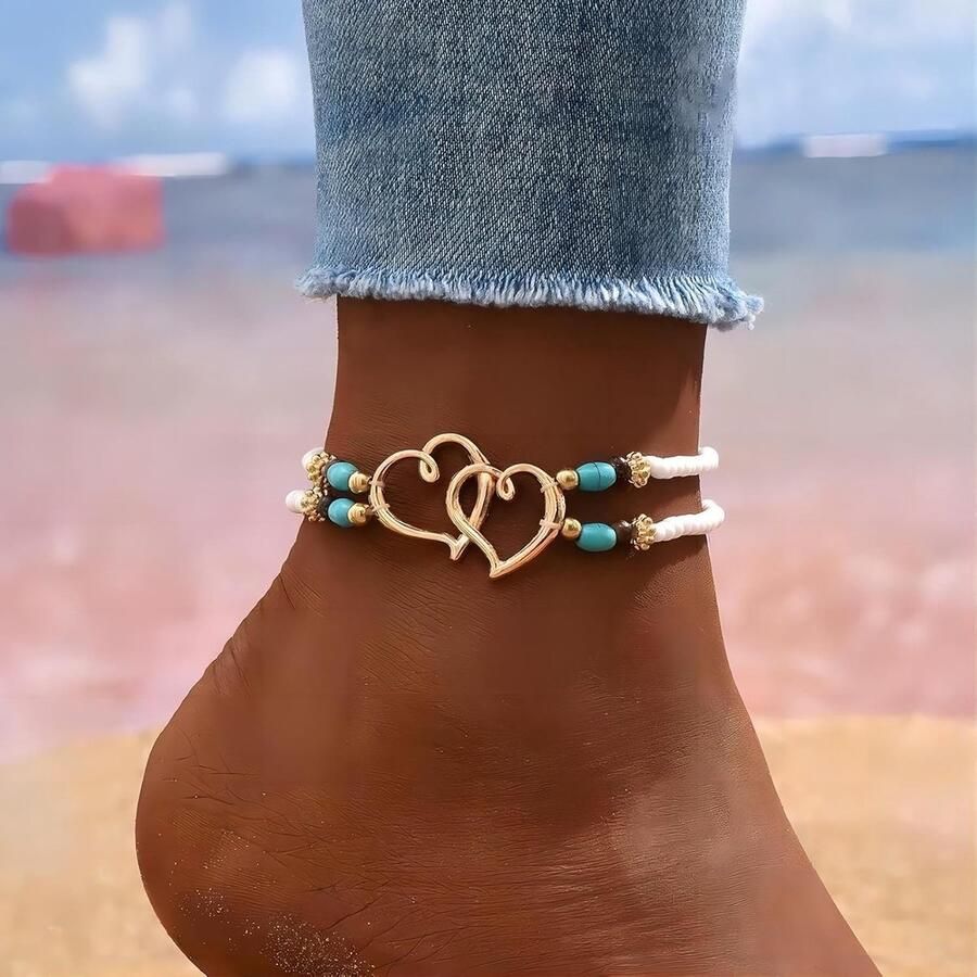 Boho lagen parels sandalen en enkelband met hartjes en turquoise kleuren voor de zomer