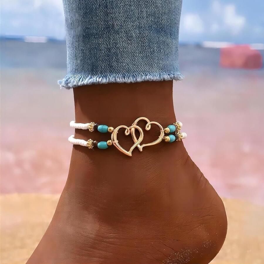 Boho sandalen met laagjes parels en hartjes kleurrijke enkelband en voetketting voor de zomer