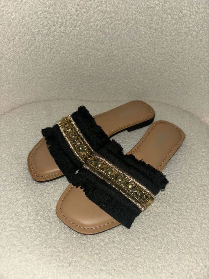 Boho slippers dames-dames schoenen luxe sandalen met goud & fransje comfortabel- dames slippers- slides- zomer slippers dames- strand- vakantie slippers- trendy- lente