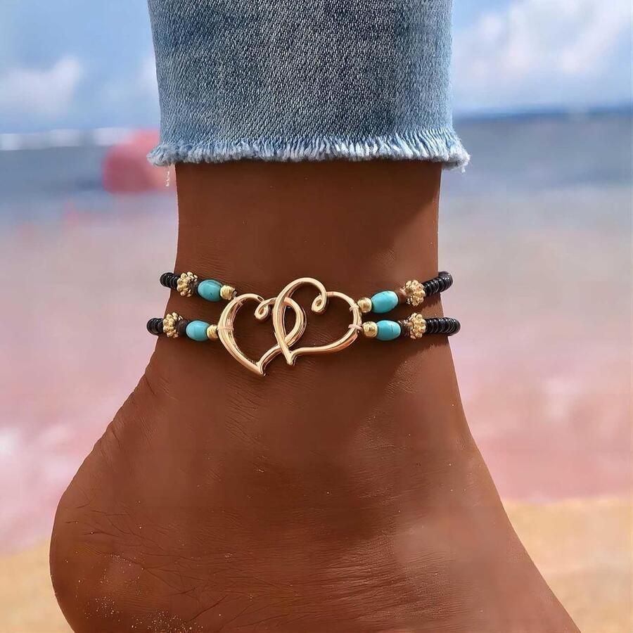 Boho stijl lagen parels sandalen en enkelband met hartjes in turquoise en kleurrijke parels voor de zomer