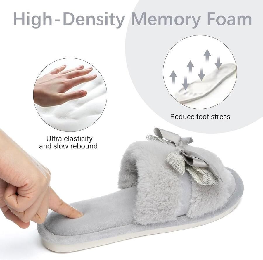 Boog pantoffels voor vrouwen met geheugenschium open teen fuzzy huis pantoffels binnen buiten anti-skid zachte verjaardagsgeschenken voor vrouwen moeder