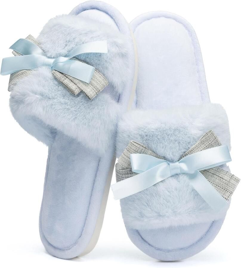Boog pantoffels voor vrouwen met geheugenschium open teen fuzzy huis pantoffels binnen buiten anti-skid zachte verjaardagsgeschenken voor vrouwen moeder