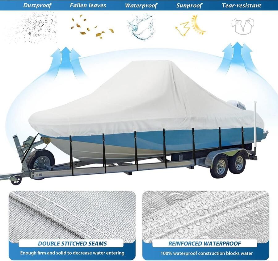 Boothoes voor middenconsole 16'-18 5' 900D waterdichte PU zware aanhangbare boothoes voor middenconsoleboot mariene Oxford UV-bestendig polyester canvas met 18 spanbanden grijs