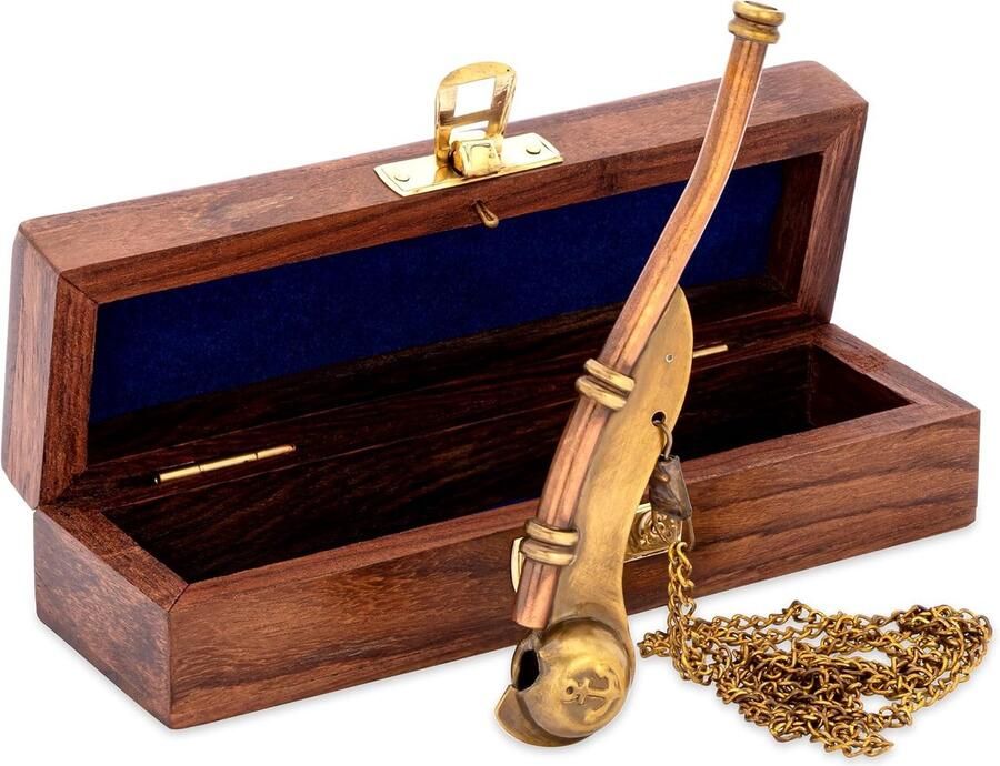 Bootsmannspijp met ketting messing antiek 12 x in houten doos signaalfluitje