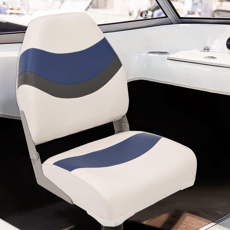 Bootstoelen met voetstuk en draaiconsole 360° draaibare stuurstoel voor vissersboot inklapbare rugleuning gevoerd wit en blauw