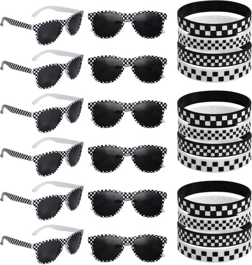 BOXOB 12st Raceauto Zonnebrillen & 12st Polsbandjes Race Thema Feestset met Zwart-Wit Geruite Brillen Siliconen Armbanden voor Zomer Zwembad Auto Verjaardag Cadeaus