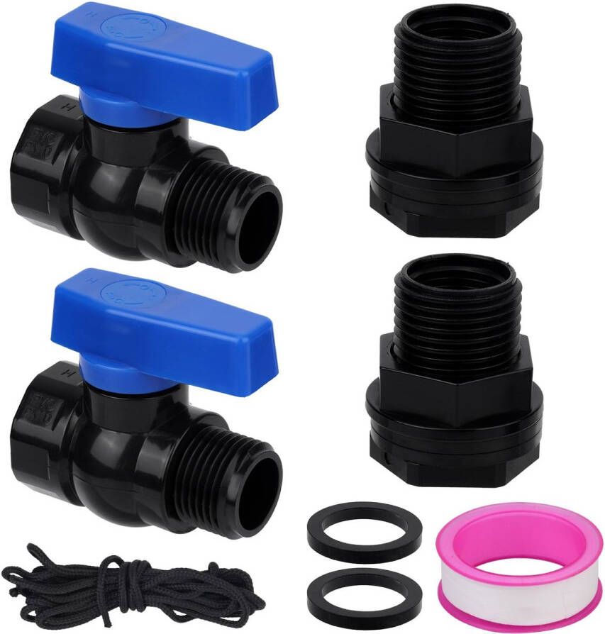 BOXOB 2st 3 4 GHT PVC Regenvat Kraan Set Tuin Afleiderset met Doorvoertule Slangkraanaansluiting & Draadafdichttape Afvoerklep Connector voor Watertank Aquarium Zwembad Tuinvat