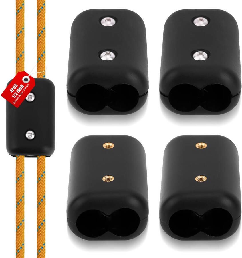 BOXOB 4 Stuks Kunststof Touwklemmen met Schroeven Herbruikbare Dubbele Touwklemmen Kunststof Snoerconnector Geschikt voor 9-10 mm Nylon Gedraaid Gevlochten Snoer