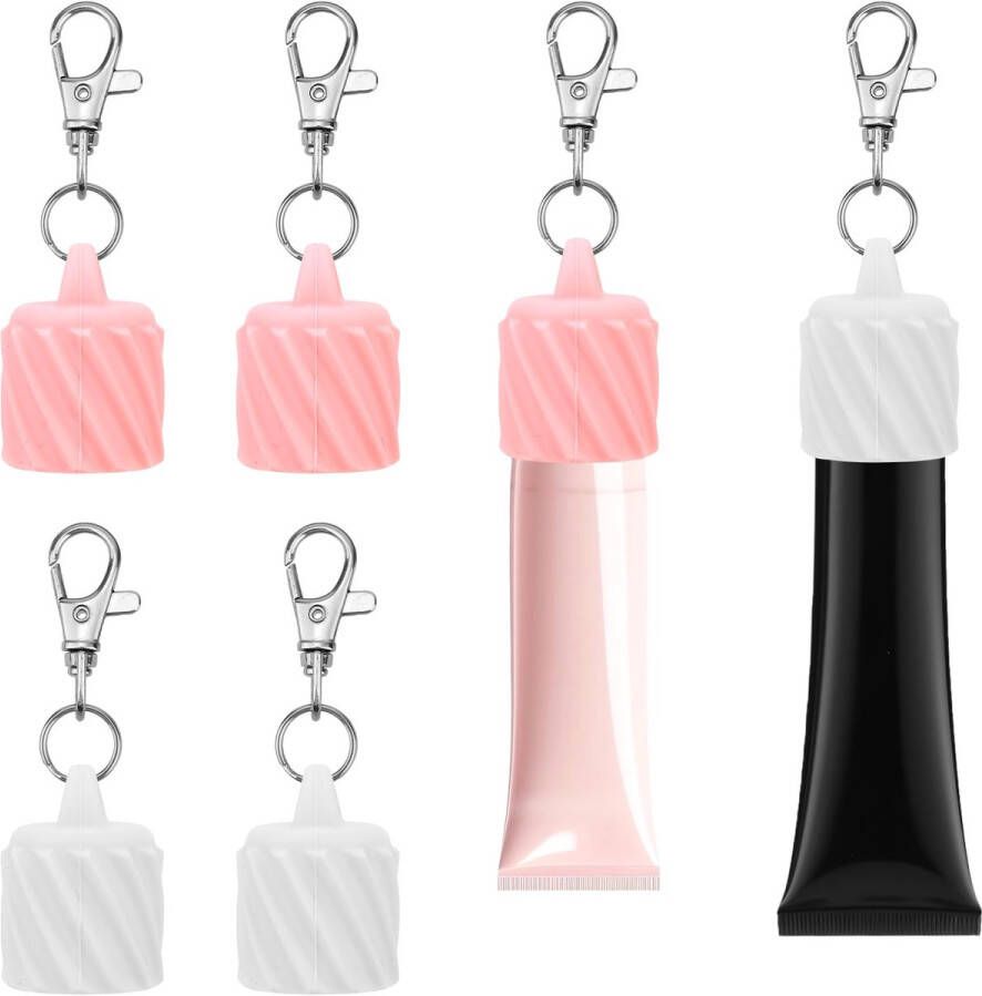BOXOB 4 Stuks Sleutelhanger met Lippenbalsemdop Wit en Roze Sleutelhanger met Lipglosshouder Draagbaar Lipglossdop voor Vrouwen (Keperstofoppervlak)