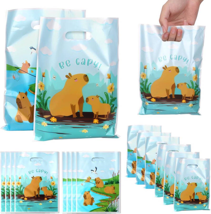 BOXOB 50 Stuks Capybara-Thema-Geschenkzakken Schattige Plastic Capybara-Patroon-Feestgunstzakken met Handvatten voor Verjaardagen Babyshowers Feestbenodigdheden