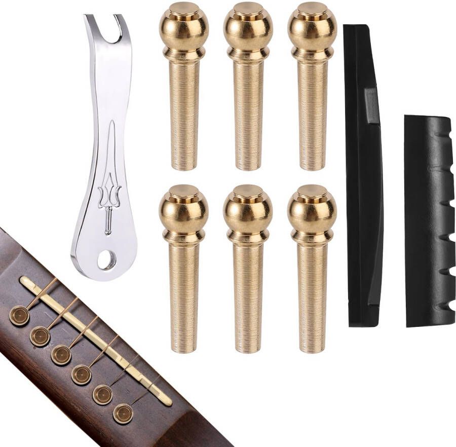 BOXOB 6 Stuks Akoestische Gitaarbrugpennen Messing Gitaarsnaarpennen met Brugpentrekker Verwijderaar Zadel Moer Accessoires Vervangende Onderdelen (Goud)