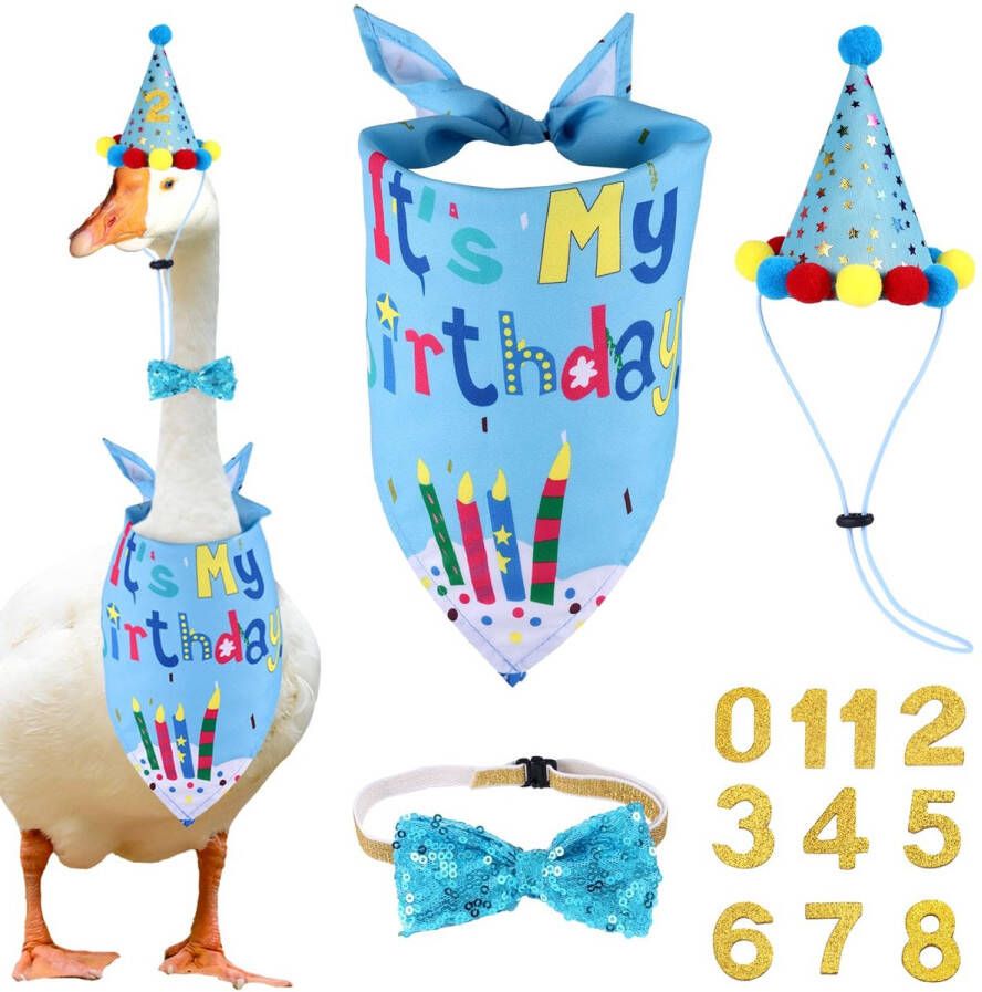 BOXOB Happy Birthday Porch Goose Outfits Goose Kostuum Kleding Verjaardagsbandana Hoed & Strik & 0-8 Nummerstickers voor Yard Lawn Cement Plastic Ganzen Eenden Decoraties (Blauw)